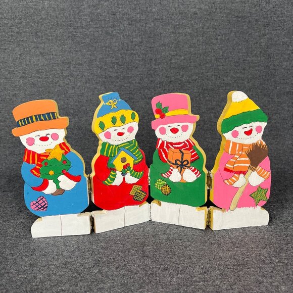 Family of 4 Wood Hand Painted Snowmen Screen Dividers 6.5" X 12" Collapsable - Picture 1 of 9